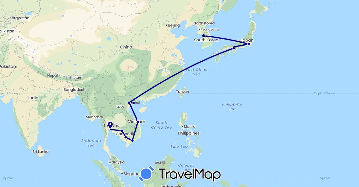 TravelMap itinerary: driving in Japan, Cambodia, South Korea, Thailand, Vietnam (Asia)